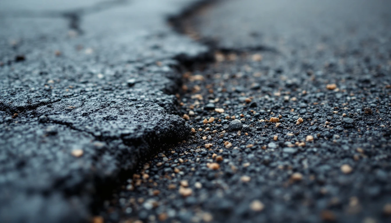 Crumbling asphalt edge with loose gravel under flat gray light