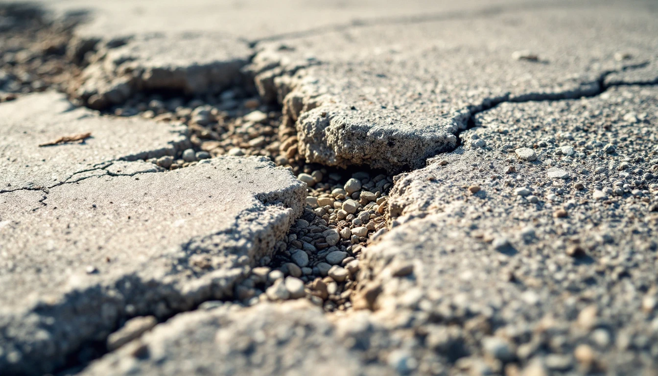 Crumbling concrete driveway edge shedding gravel at the verge