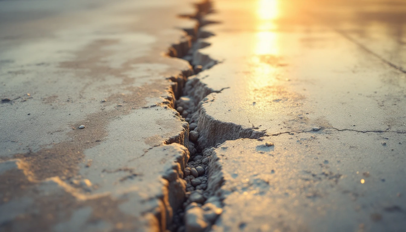 Crumbling weathered slab edge meeting a smooth fresh concrete pour