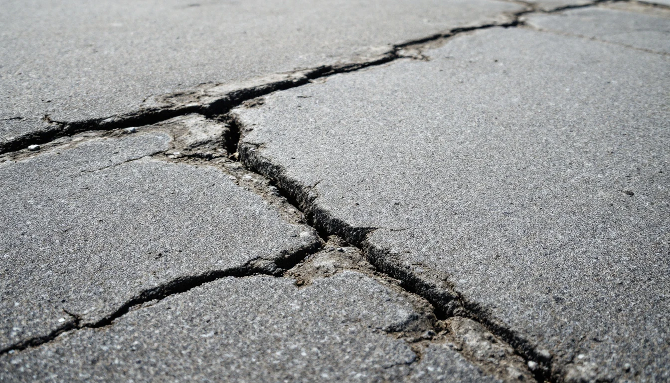 Crushed corner of a cracked concrete driveway slab close up