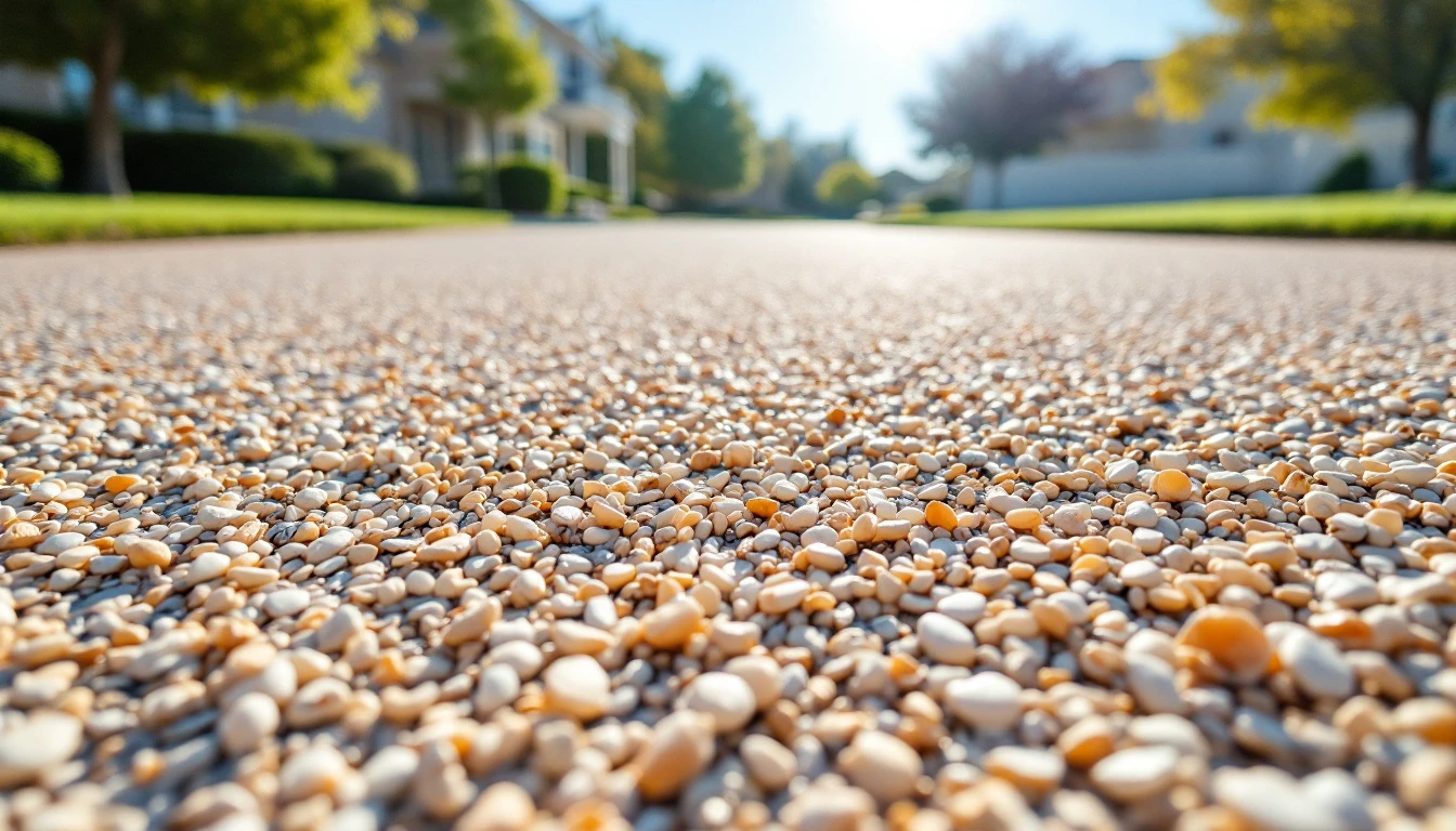 Pale crushed shell driveway surface under glaring midday sun