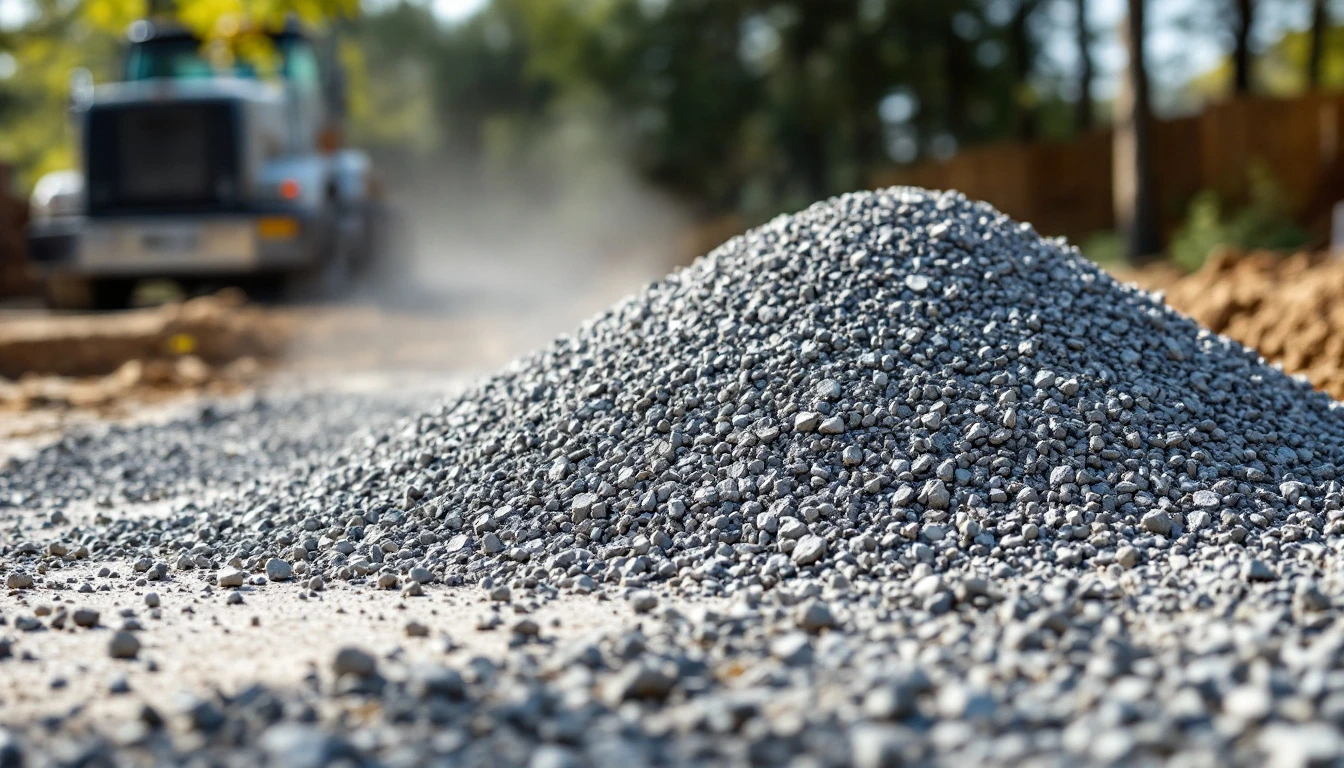 Fresh crushed stone pile delivered onto a graded driveway base