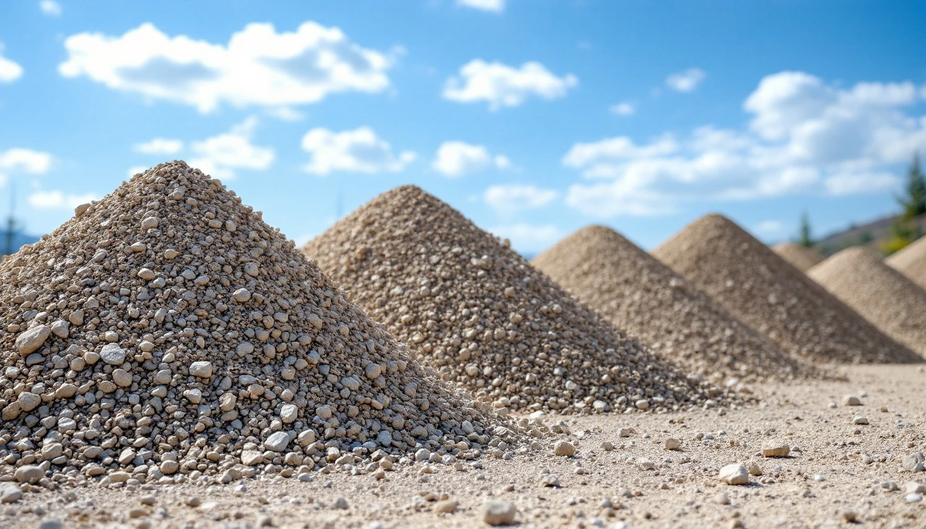 Heaps of crushed stone aggregate at a work site in sunlight