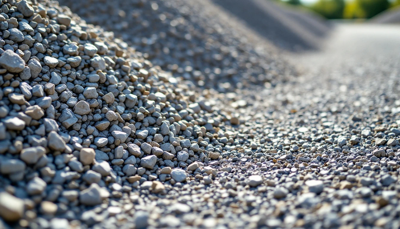 Crushed stone stockpile beside a graded gravel driveway base in midday light