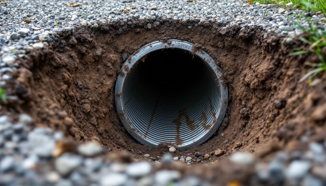 Metal culvert pipe beneath a gravel entry drive