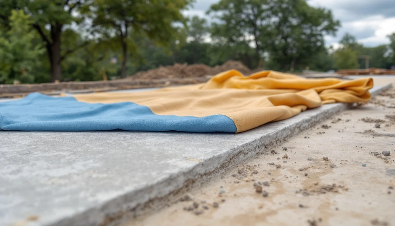 Curing blanket folded back over half of a new concrete slab