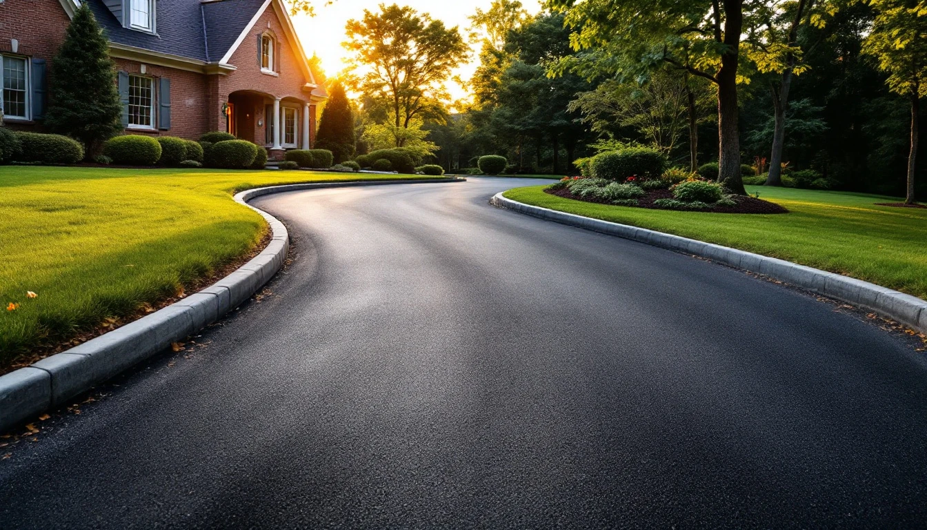 New asphalt drive curving toward a brick home under midday sun