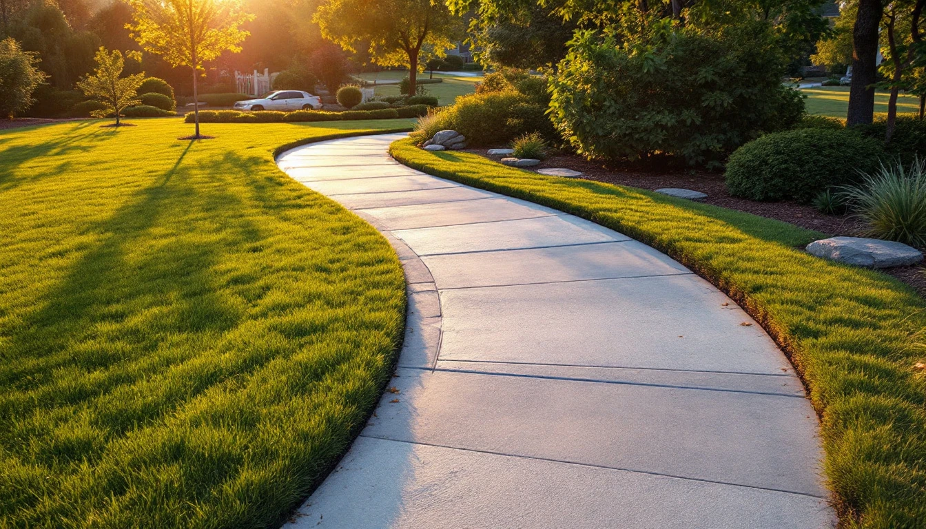 Curved concrete drive looping around a front lawn at golden hour