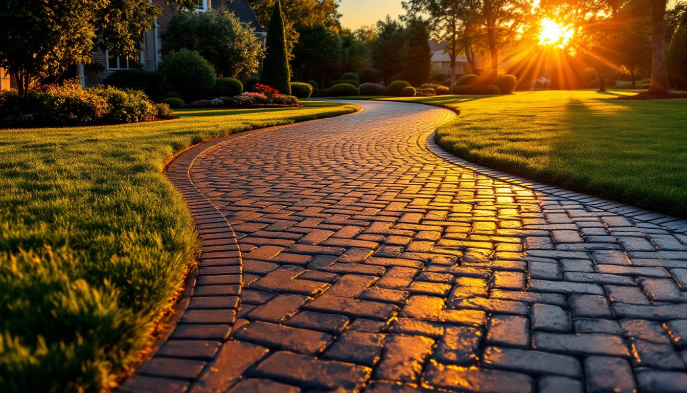 Curved paver drive glowing in warm evening light