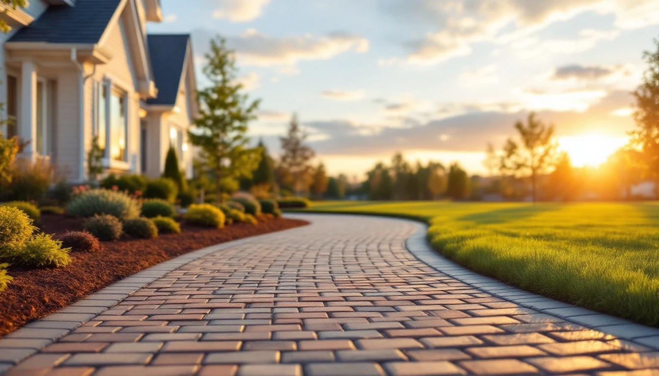 Curved brick paver loop drive sweeping past a front lawn at dusk