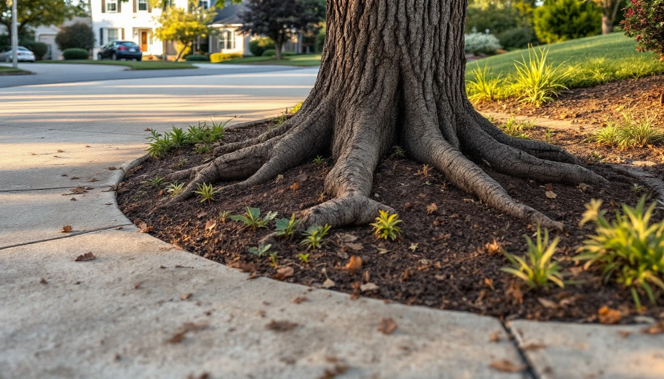 Concrete drive curving past a mature trunk in warm light