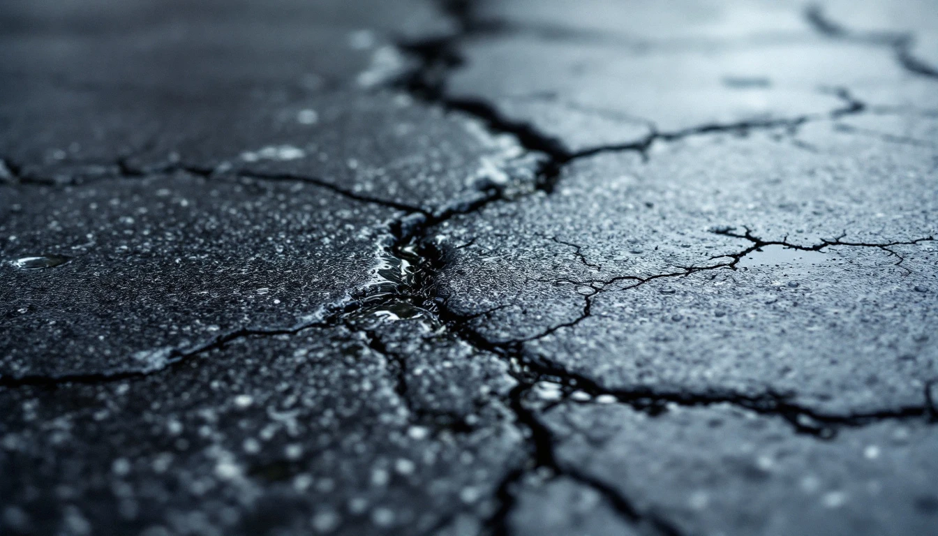 Damp asphalt surface with fine cracks after rain