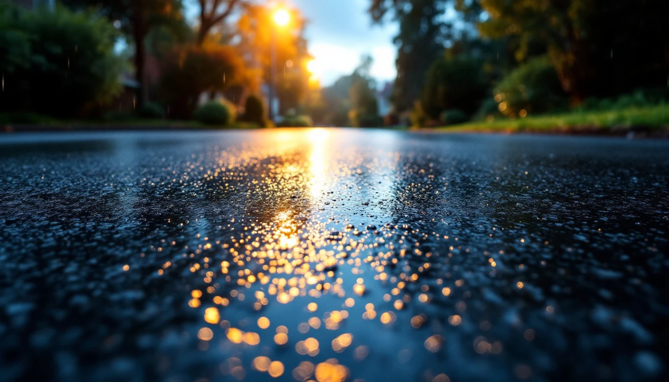 Damp asphalt drive glistening with rain sheen under gray sky