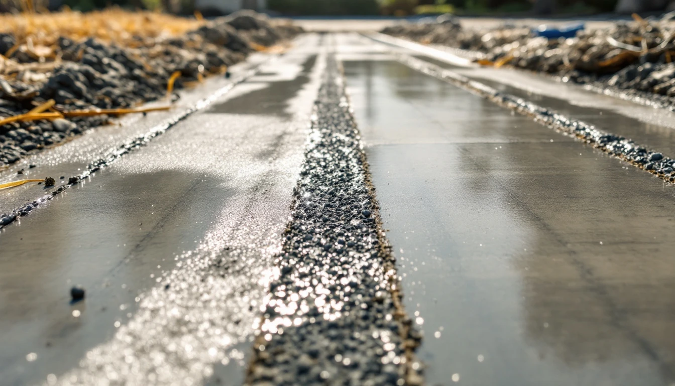 Damp broom lines across a freshly poured concrete surface