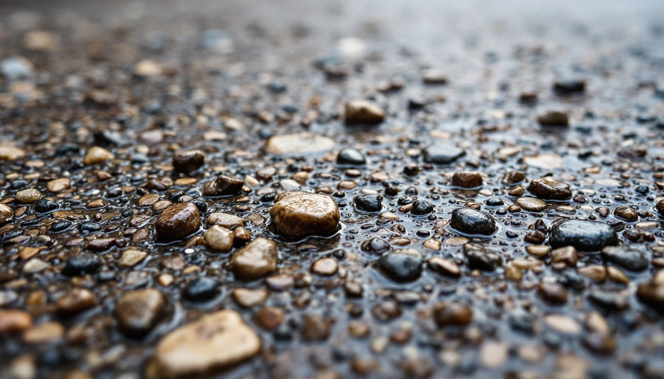 Damp compacted gravel showing small angular stones after a rain shower