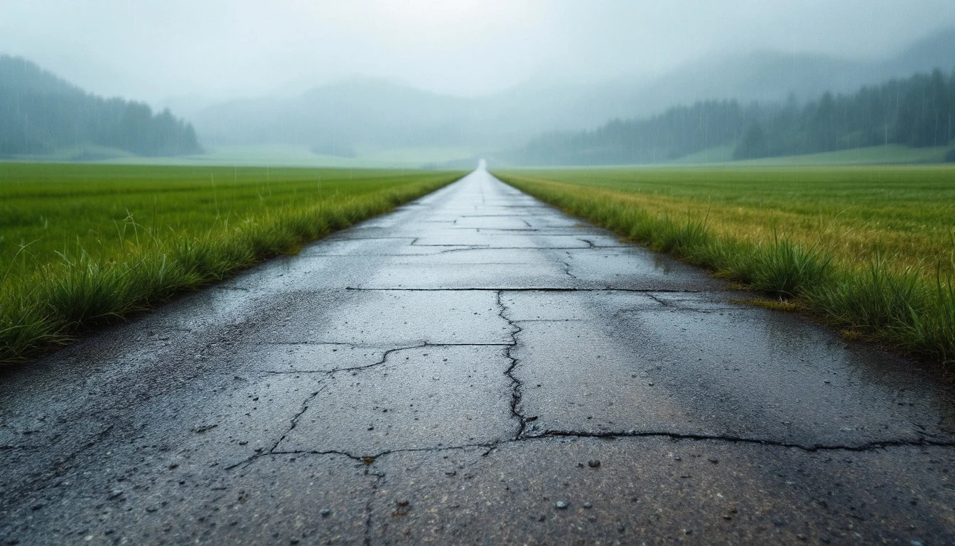 Rain damp weathered concrete track running between open fields