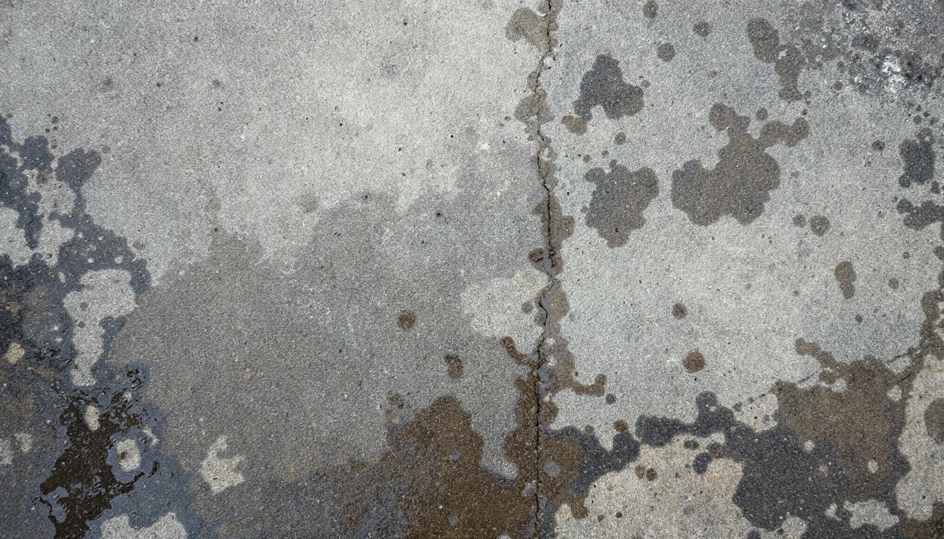 Low view across damp weathered concrete showing pores and faint stains