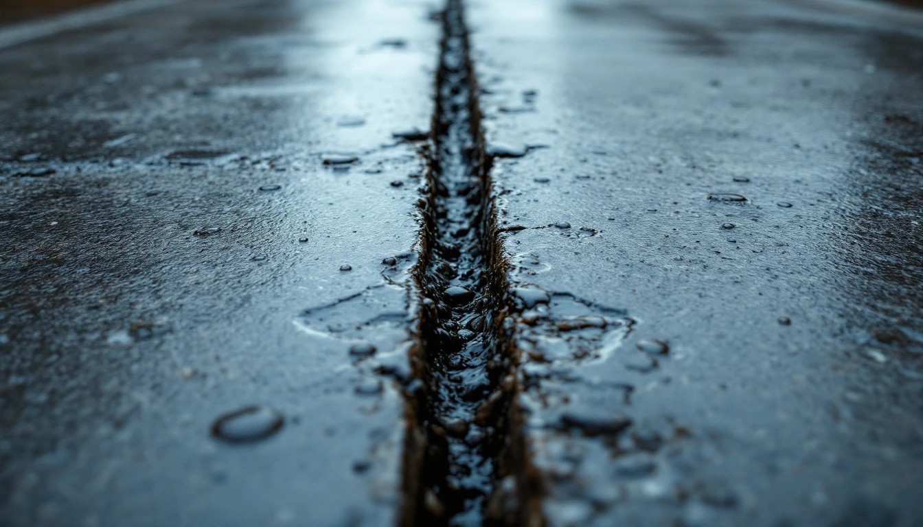 Damp concrete slabs separated by a dark control joint