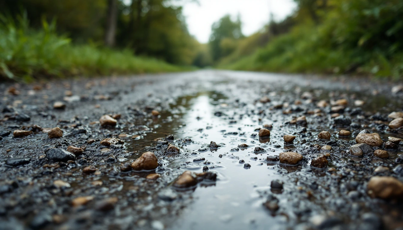 Damp gravel track puddled after rain seen from surface level