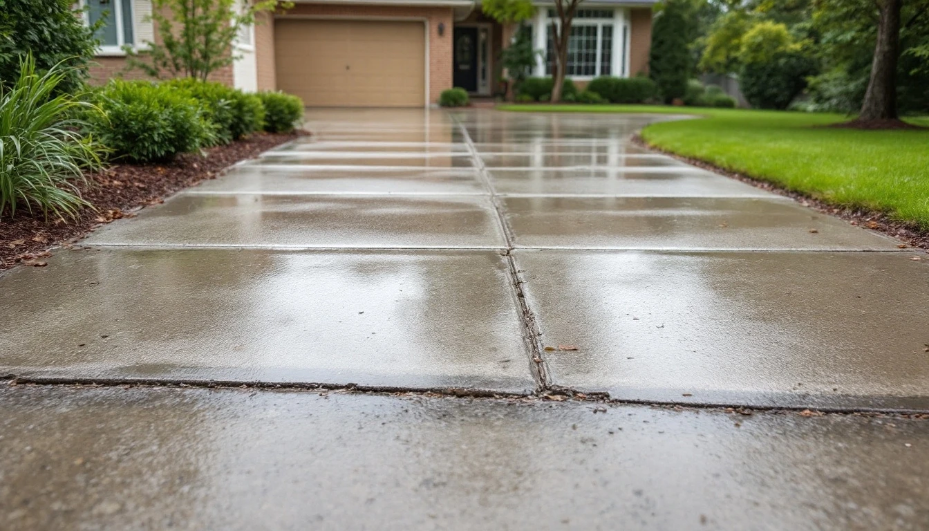 Sealed concrete drive still damp after a passing shower