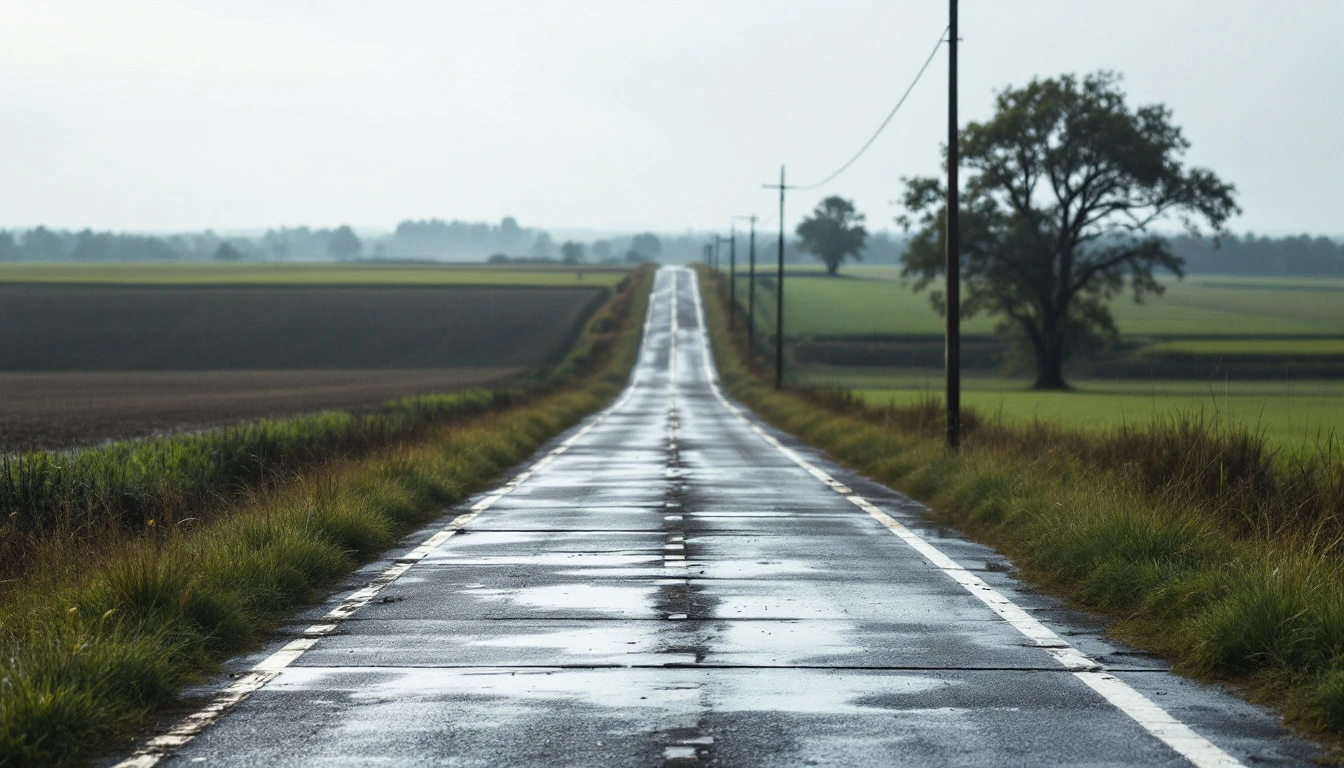 Damp weathered concrete lane stretching toward open fields after rain