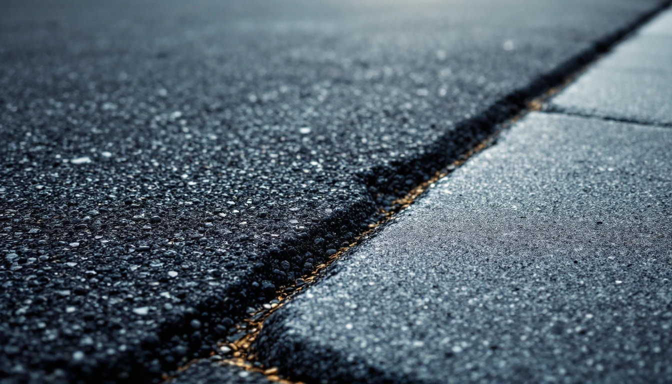Dark sealed asphalt meeting pale concrete along a straight joint