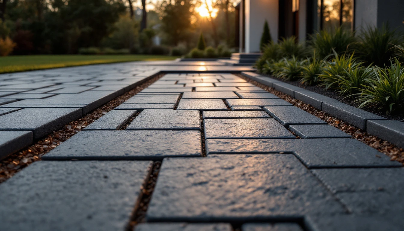 Dark basalt pavers in neat rows at a home entrance at dusk