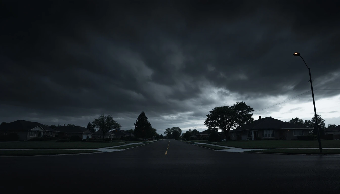 Dark fresh blacktop under a flat overcast sky at the curb