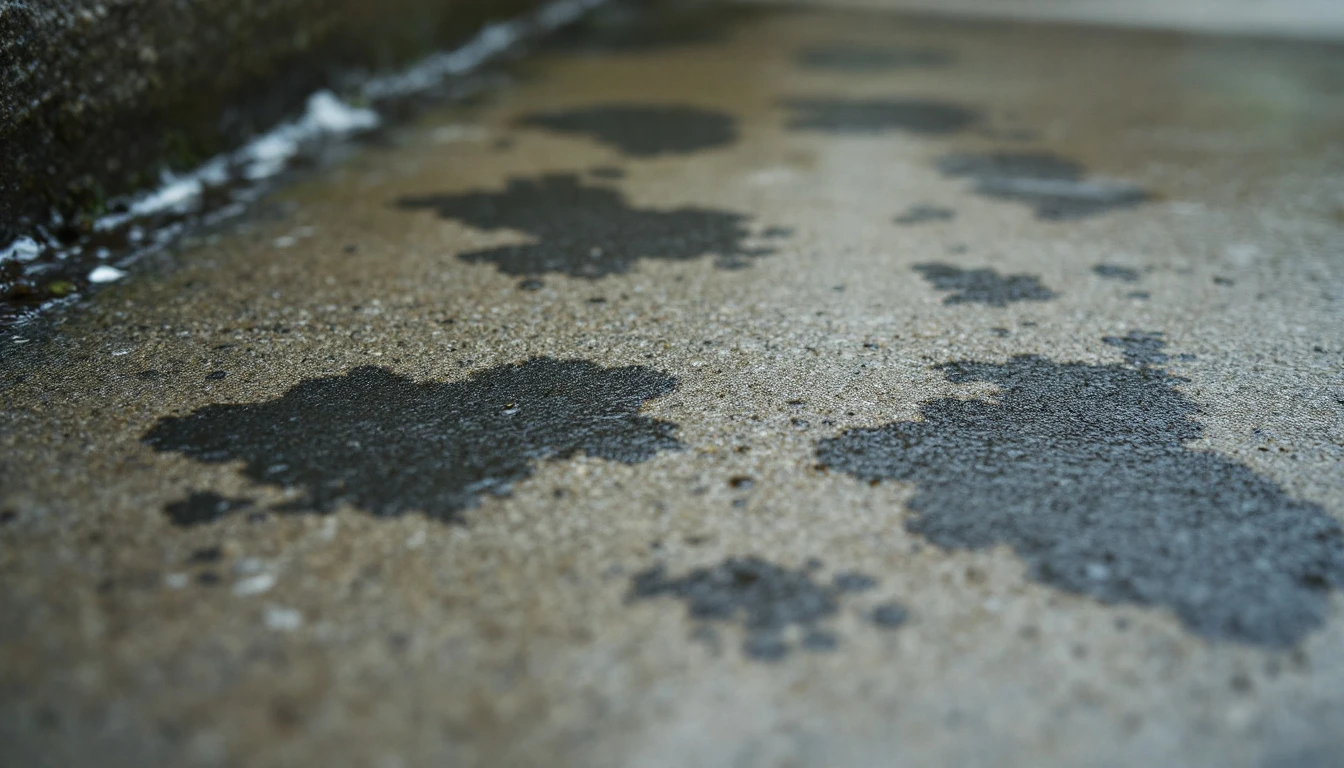 Dark mildew blotches spreading across a damp concrete surface