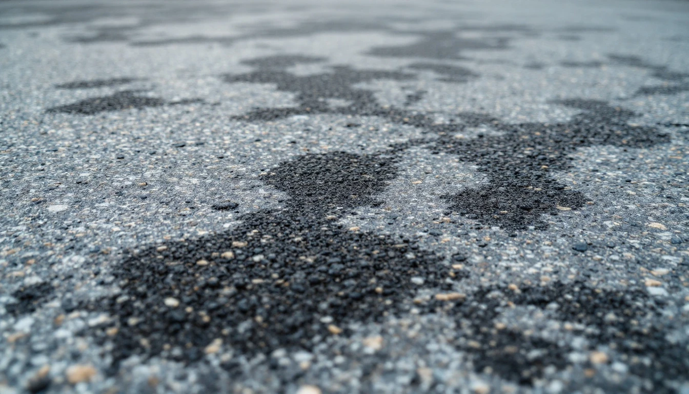 Dark oil blotches mottling a faded gray asphalt driveway closeup