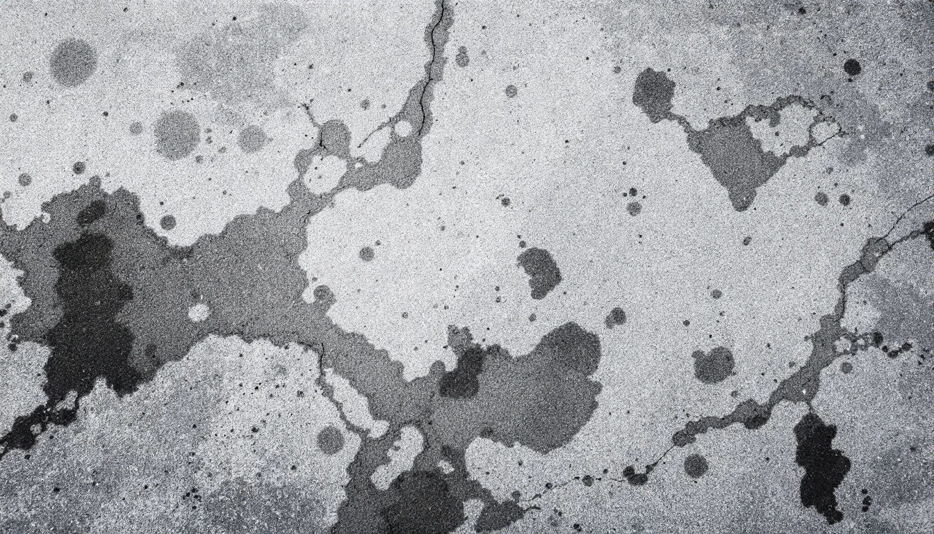 Dark oil stains soaking into weathered gray concrete
