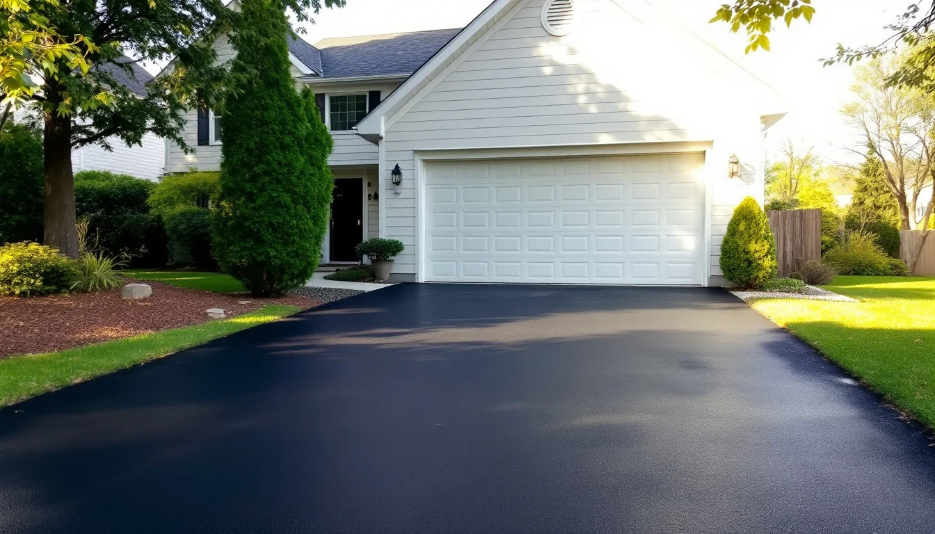 Dark sealed asphalt drive leading to a plain garage