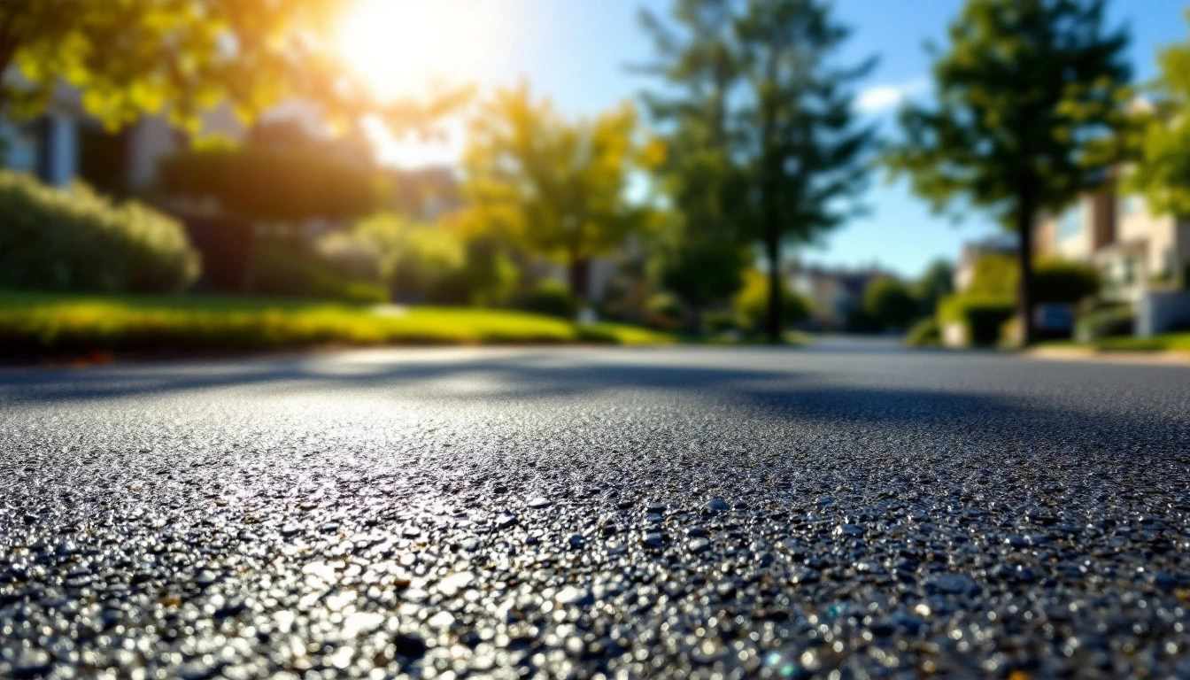 Dark sealed asphalt frontage reflecting harsh midday sunlight