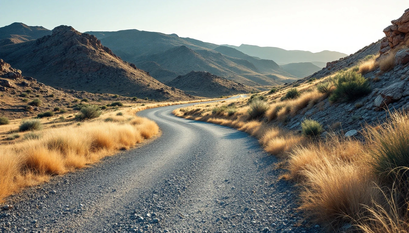 Decomposed granite drive winding past dry grass verges