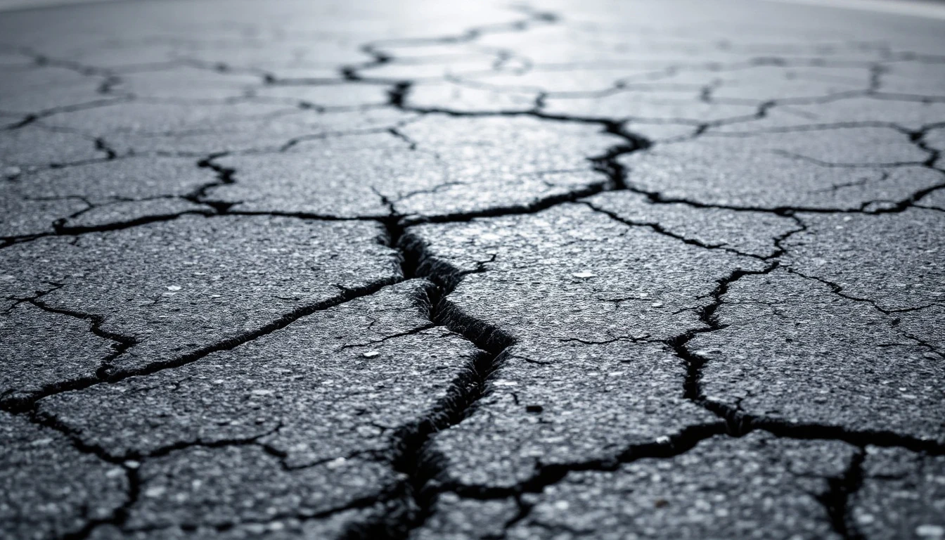 Deep branching cracks across weathered gray asphalt viewed at surface level