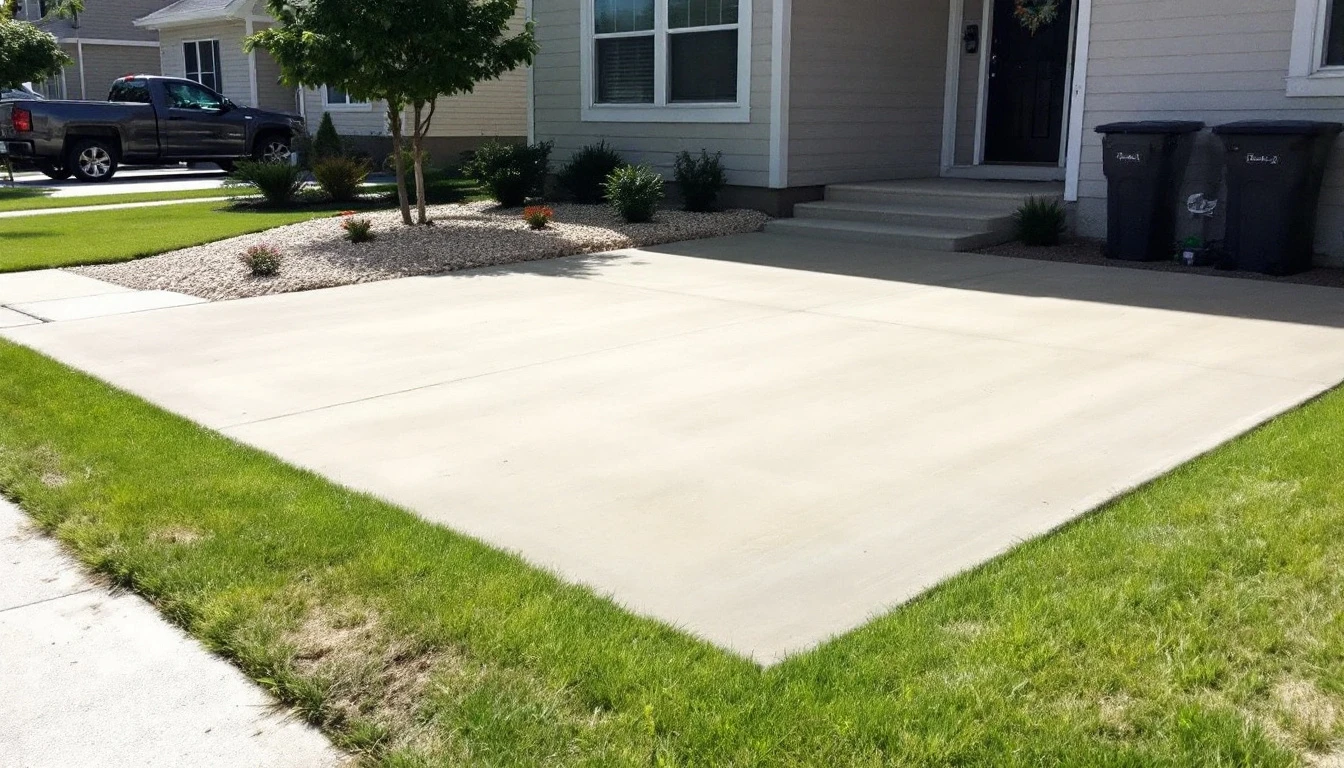 Deep concrete parking pad with lawn border under bright sun