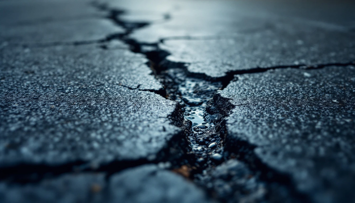 Deep open crack running through aging gray asphalt after rain