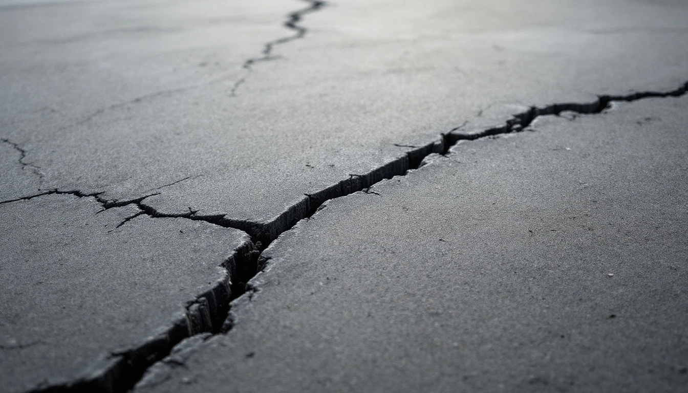 Deep jagged crack running across a gray concrete panel