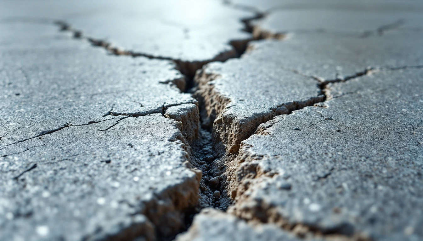 Deep tire gouges and cracks across a concrete driveway slab