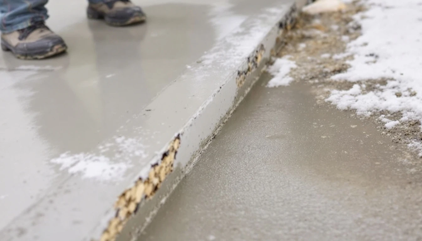 Dipped concrete slab beside a fresh mortar leveling repair