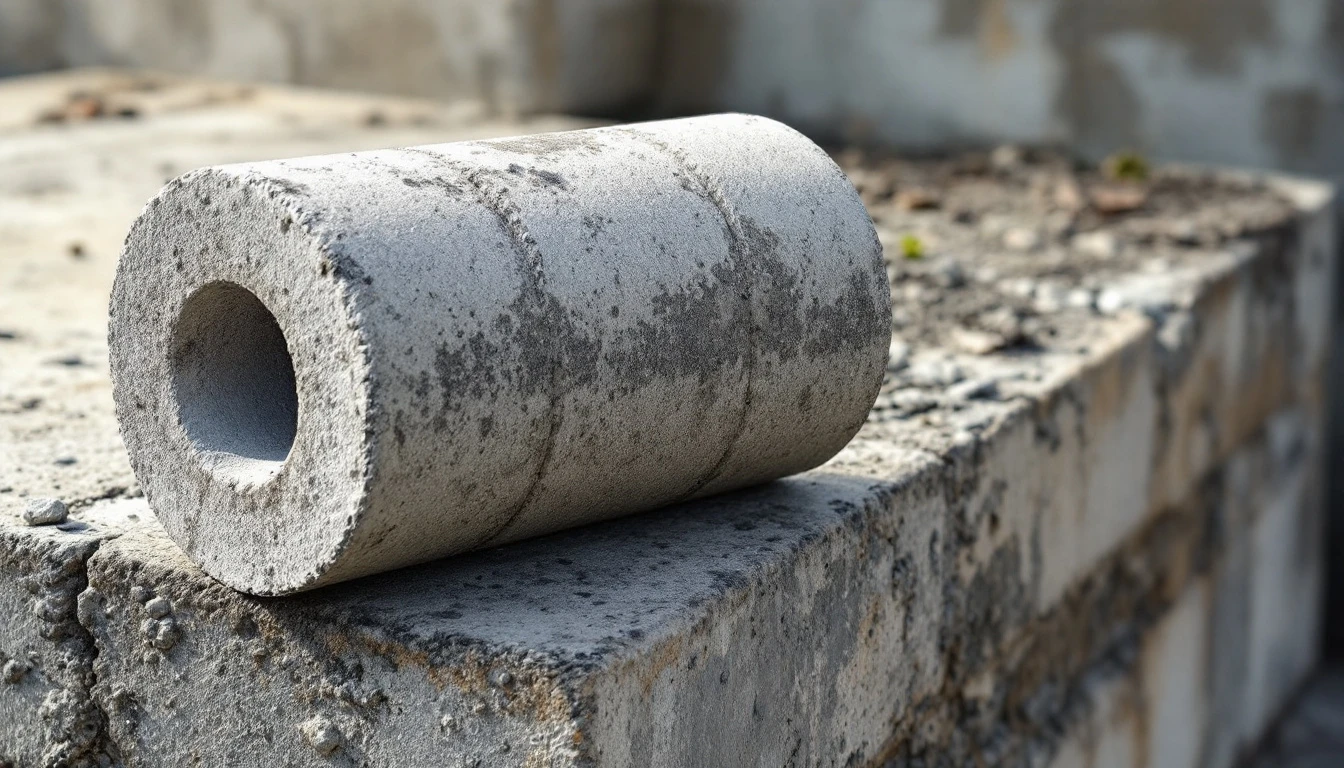 Cylindrical concrete core sample resting on cut slab surface
