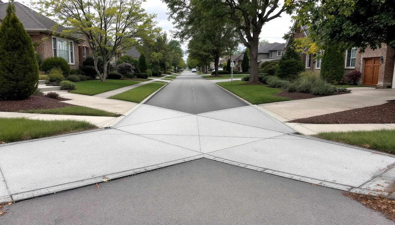 Concrete driveway apron crossing the sidewalk on a quiet street