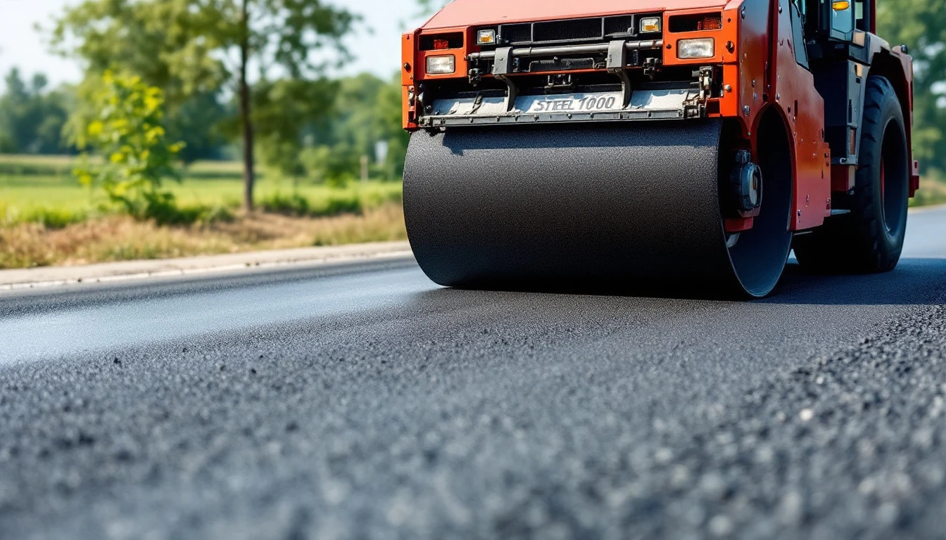 Steel drum roller compacting a fresh blacktop mat in bright sun