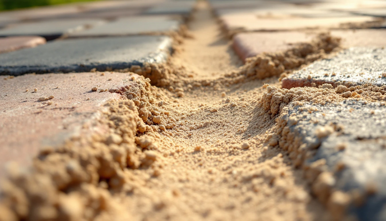 Dry pale joint sand meeting darker settled sand across paver joints