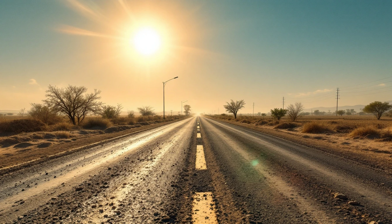Dry dusty asphalt lane stretching toward open land under harsh midday sun