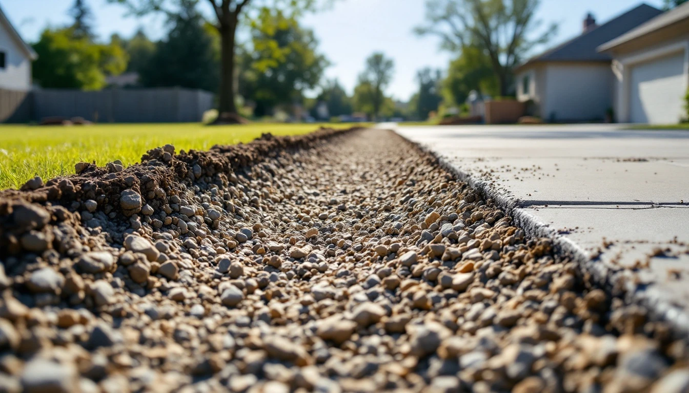 Freshly dug gravel strip running alongside an existing concrete driveway
