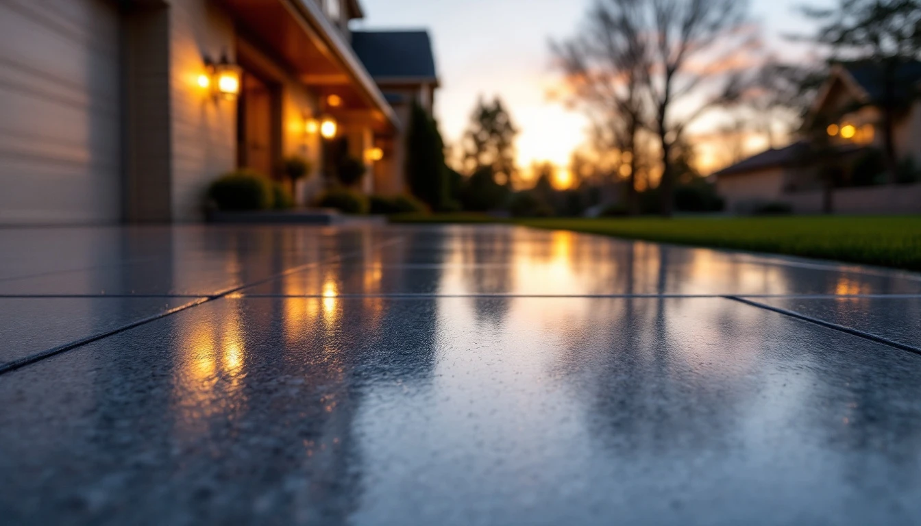 Sealed concrete driveway reflecting soft dusk light at the curb