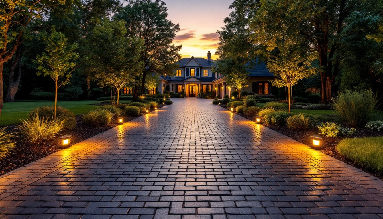Paver driveway entry glowing softly in warm dusk light