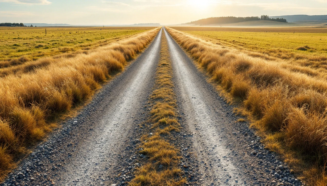 Dusty gravel track crossing open pasture toward a distant gate