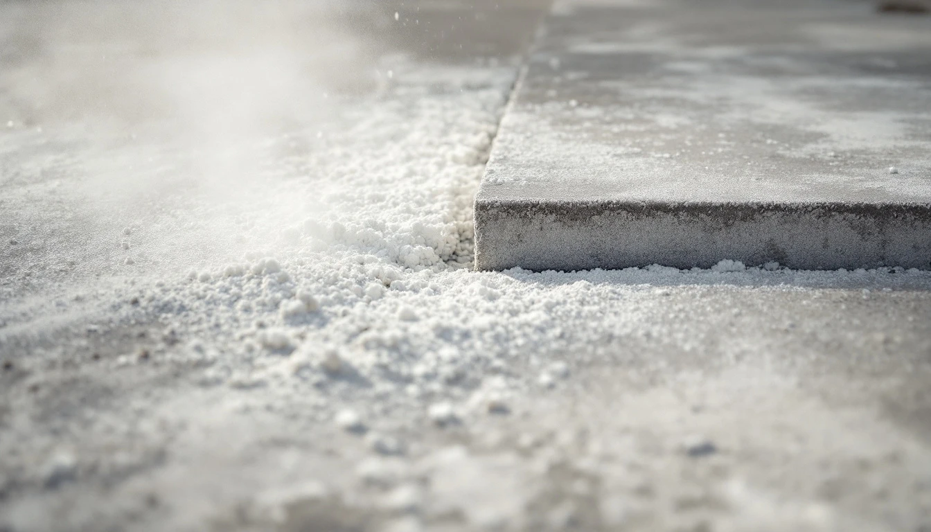 Fine pale powder settling over a fresh saw cut in concrete